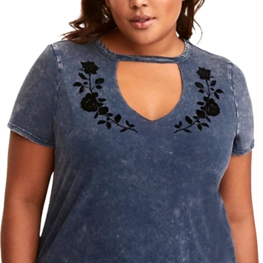 Torrid Denim Blue Cutout Tee with Black Embroidery